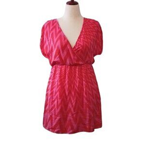 Amanda Uprichard Silk Pink‎ Red Zig Zag Pattern Mini Empire Waist Dress Size L